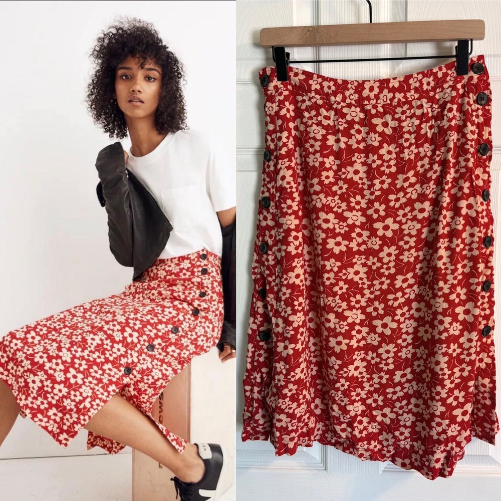 Madewell Side Button Midi Skirt‎ 2 Red Floral Full Bloom Viscose Crepe